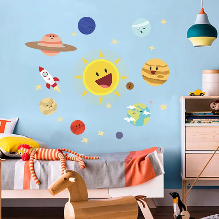 Cartoon-Sonnensystem-Planeten-Wandaufkleber Kinderzimmer-Hintergrunddekoration Selbstklebende Tapete Schlafzimmerdekoration Abnehmbare Aufkleber – Detail 4