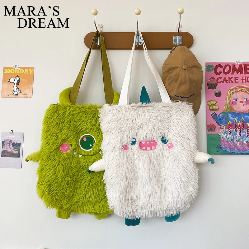 Mara\'s Dream Cute Little Monster Women Plush Shoulder Bag Soft Faux Fur Ladies Shopping Bag Female Cartoon Purse Handbag Student