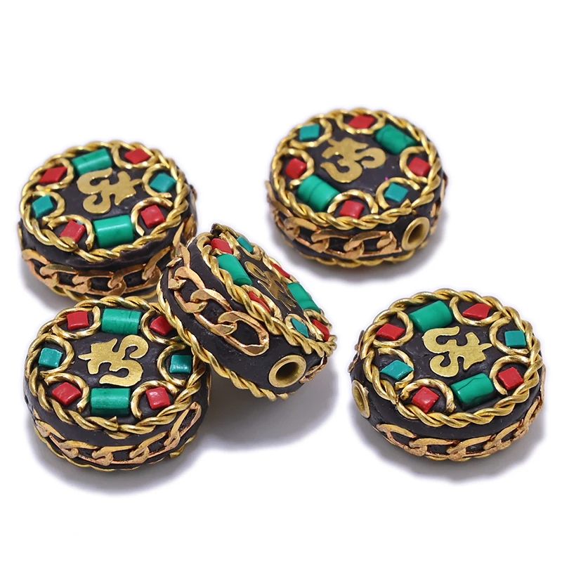 TZ-G Retro Handmade Flat Round Nepal Beads Tibetan Letter Beads Antique Golden Red Clay For DIY Tibetan Jewelry Making