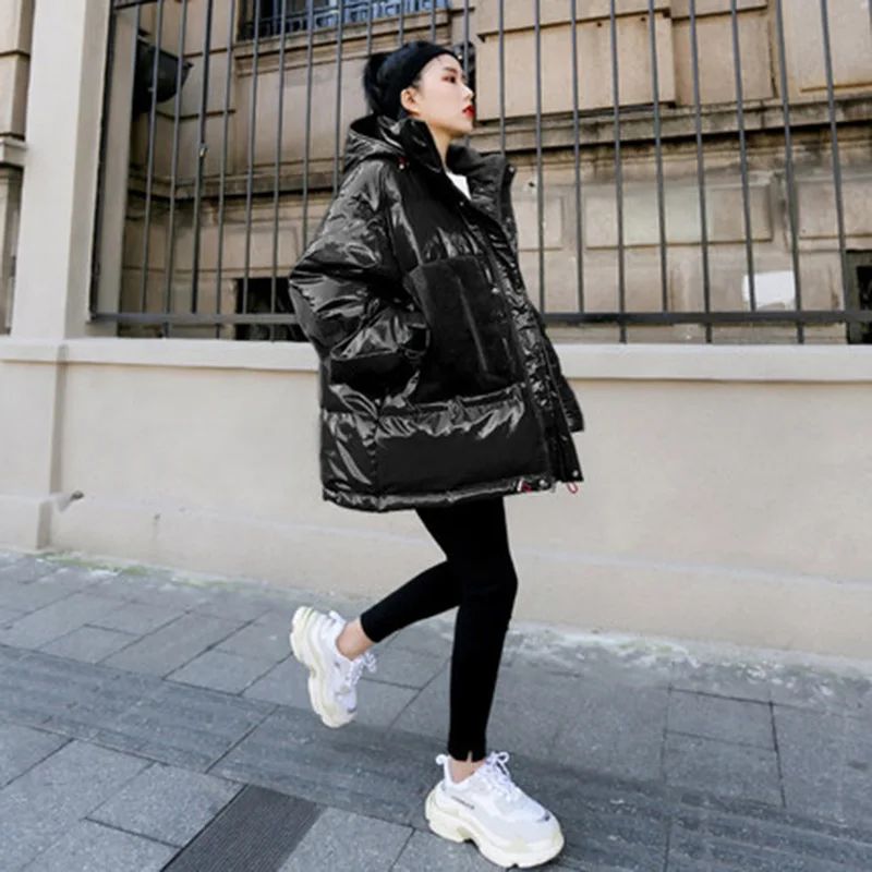 Glossy Cotton Coat Women Parka Short Jacket Coat 2024 Fashion New Thick Cotton Clothes Loose Bread Hooded Winter Coat Women Top