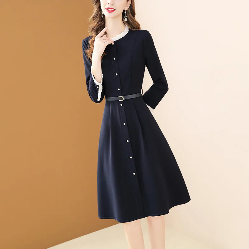 EVNISI Women Navy Fashion Elegant All-match Dress Women Spring 2023 A-line Single Breasted Long Sleeve Ruffled Dress Vestidos