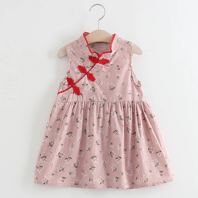 2021 Kids Girls Dresses Cute Flower Print Dress Chinese Style Vintage Cheongsam Dresses Baby Girls Clothes