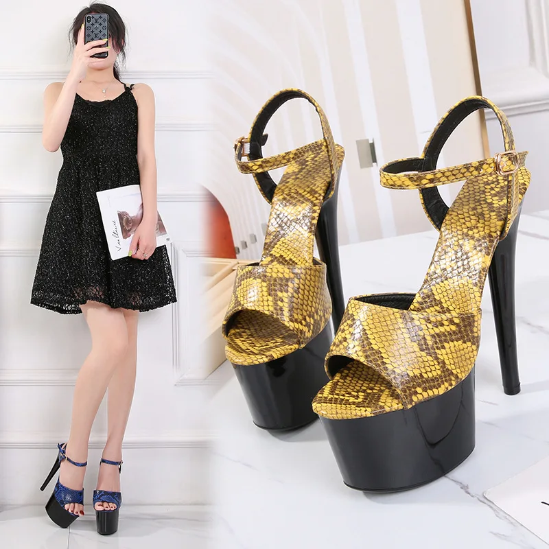 

7inches Snake Print Lady shoes High heels Thin Heels Party Sexy Dress Stage Show Pole dancing Nightclub Models Big Size Peep toe