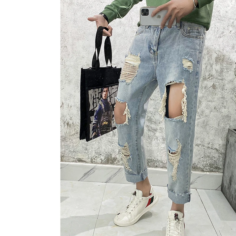 Korean version of knee big hole jeans  loose straight personalized beggar pants summer men's ins washing