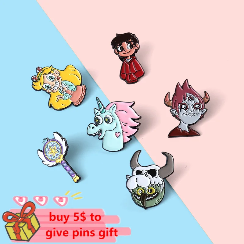 Broche personnalisée en émail avec étoile, papillon, princesse, démon, Prince Royal, baguette, Badge à revers, dessin animé, vente en gros, cadeau