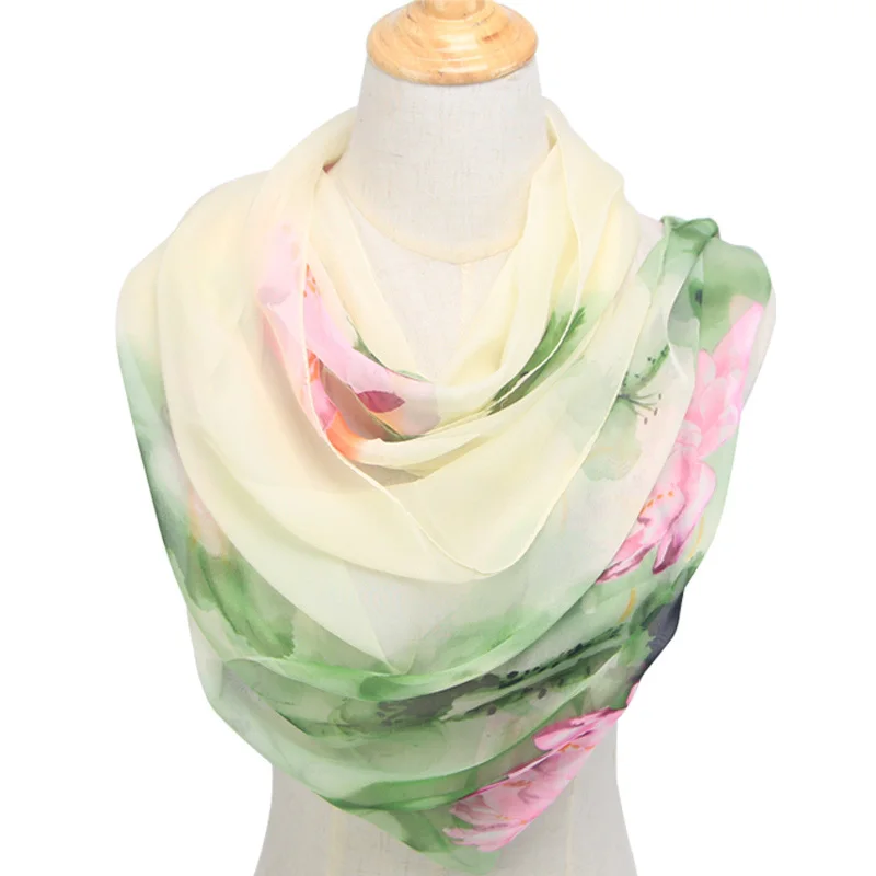 Foulard Long en mousseline de soie pour femmes, écharpe de printemps en Polyester, motif de Lotus, doux, châle de protection solaire, N49