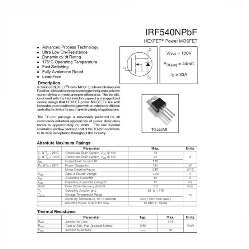 10PCS IRF540N IRF540 TO220 540 IRF540NPBF TO-220 New and Original IC Chipset
