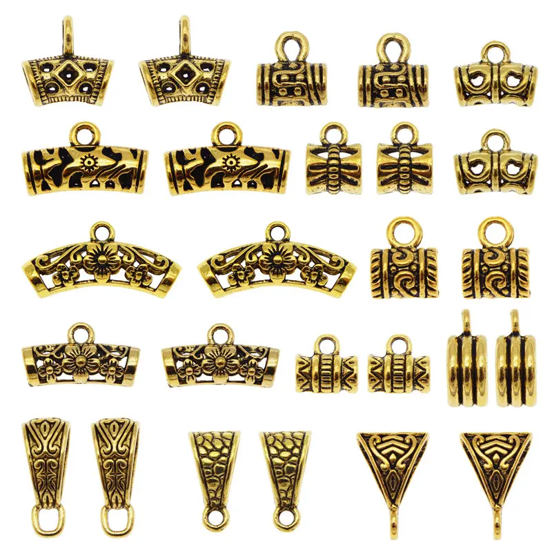 Julie Wang 20/26PCS Bail Beads Charms Antique Gold Color Tube Spacer Bead European Bracelet Pendant Jewelry Making Accessory