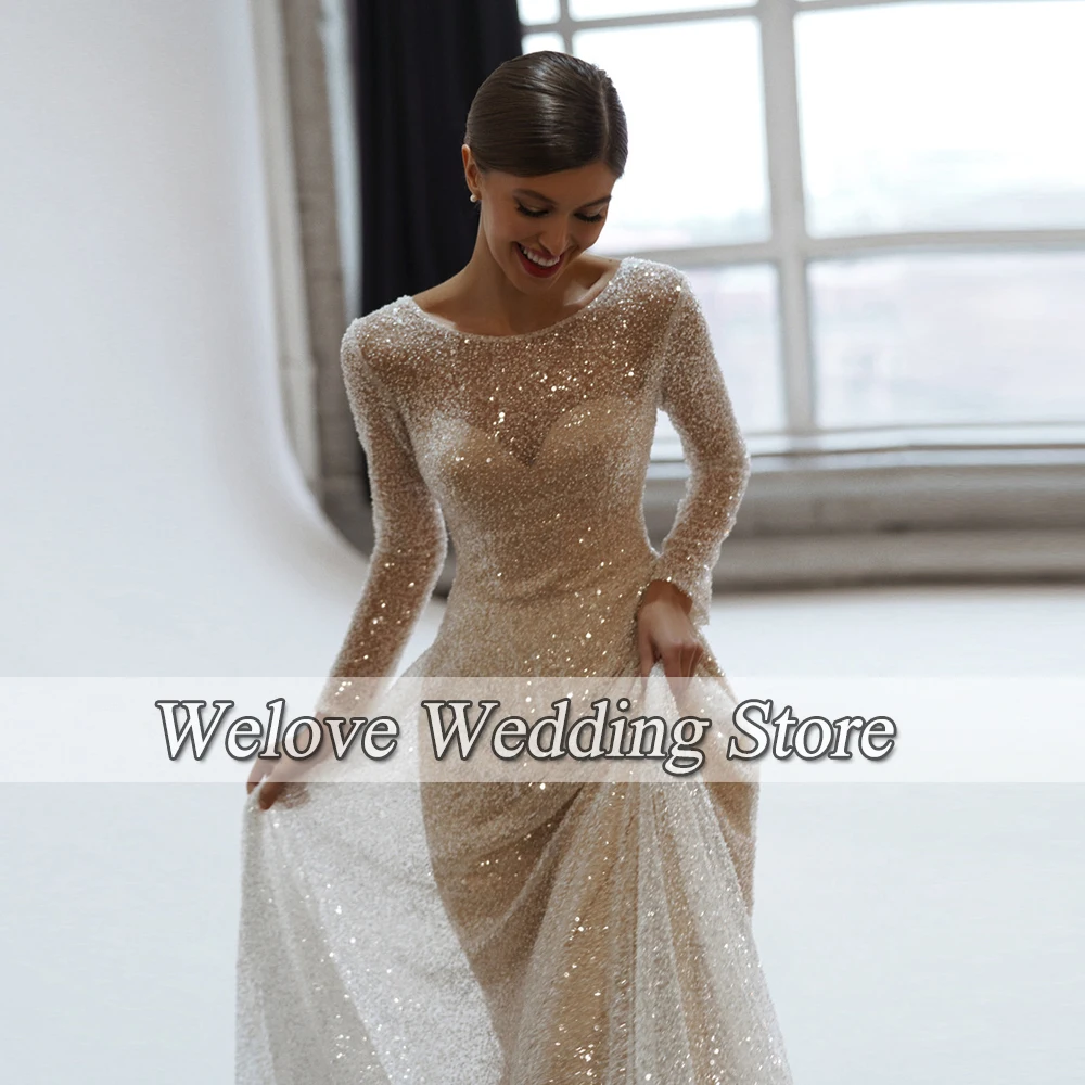 Abito da sposa glitterato per sposa con maniche lunghe Backless paillettes ospite abito da sposa lunghezza del pavimento Robe De Mariage una linea