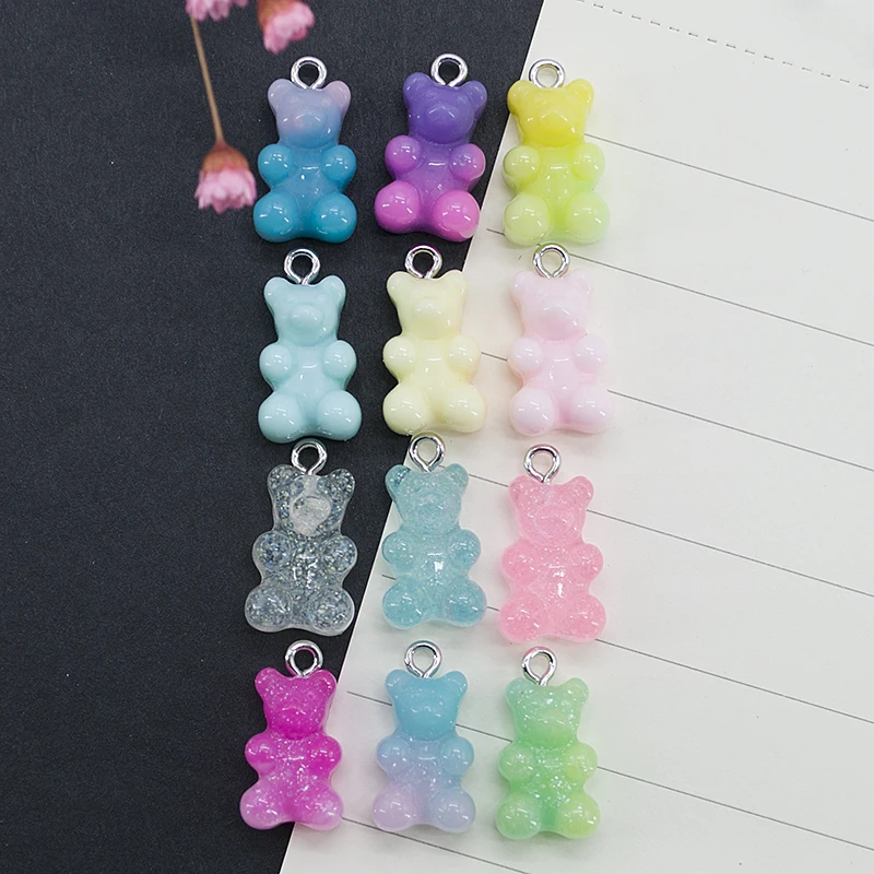 10pcs 10*17mm Resin Bear Cabochons Glitter Gummy Candy Charms Colorful Accessories Necklace Keychain Pendant DIY Making