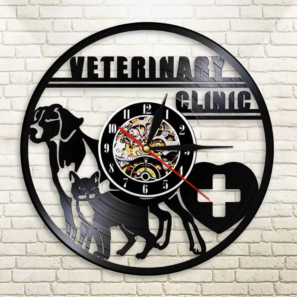 VETERINARY CLINIC Wall Clock Decor Dog Cat Animal Pet Round Modern Design 3D Handmade Art Decorative Time Watch
