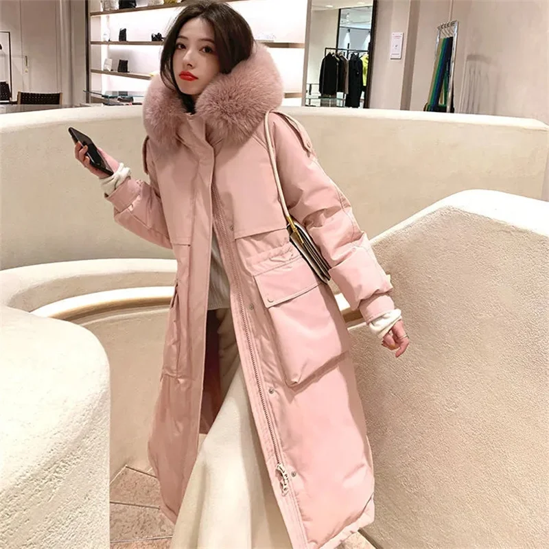 Women\'s Jacket 2021 New Waist Down Jacket Women Mid-Length Over-the-knee Hooded Large Fur Collar Thickened Anti-Season Coat WD31