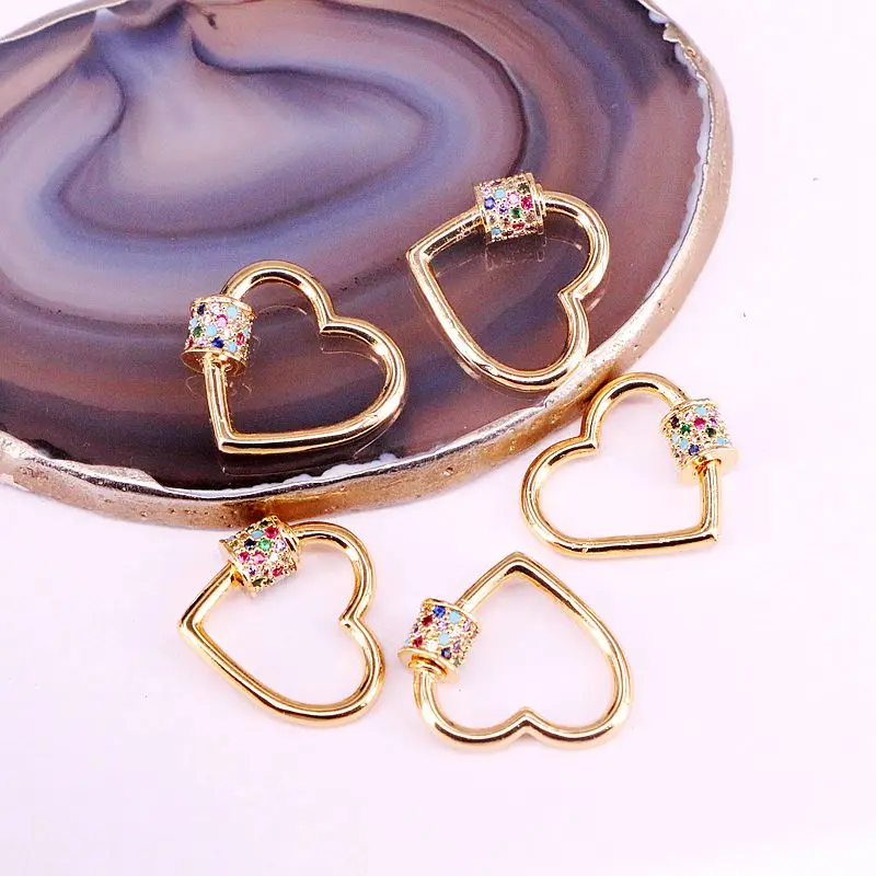 6PCS, Rainbow CZ Micro Pave Crystal Zirconia Gold Clasp Lock Carabiner Pave Lock Shaped Jewelry Connector Pendant Clasp