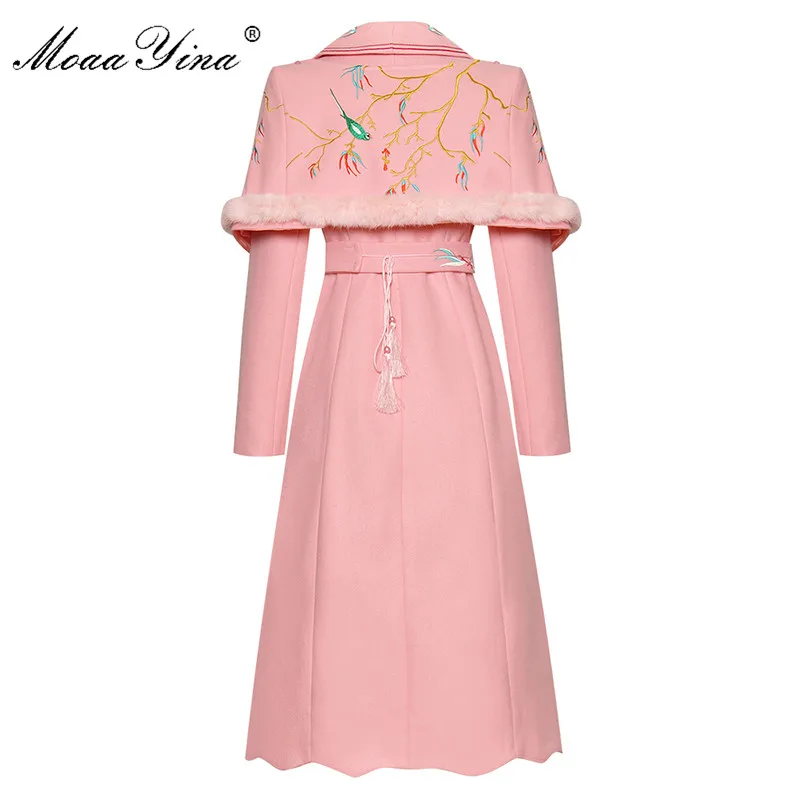 MoaaYina Fashion Designer Woolen coat Winter Women Long sleeve Embroidery Elegant Keep warm cloak Overcoat