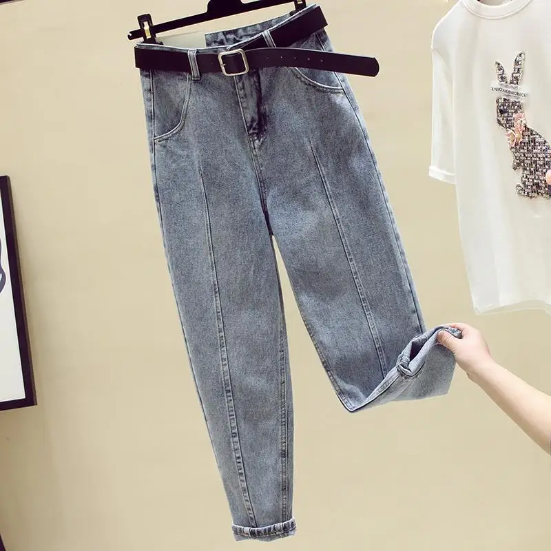 Spring/Summer Jeans Women\'s Loose High Waist Pants Ankle-Tied Harem Pants Cropped Light Color Straight Pants