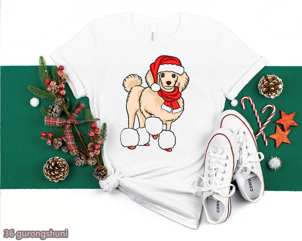 Cute Santa Dog Poodle/Chihuahua Cartoon Print T-Shirt Women Funny Kawaii Clothes Harajuku Shirt White Short Sleeve T Shirt Tops