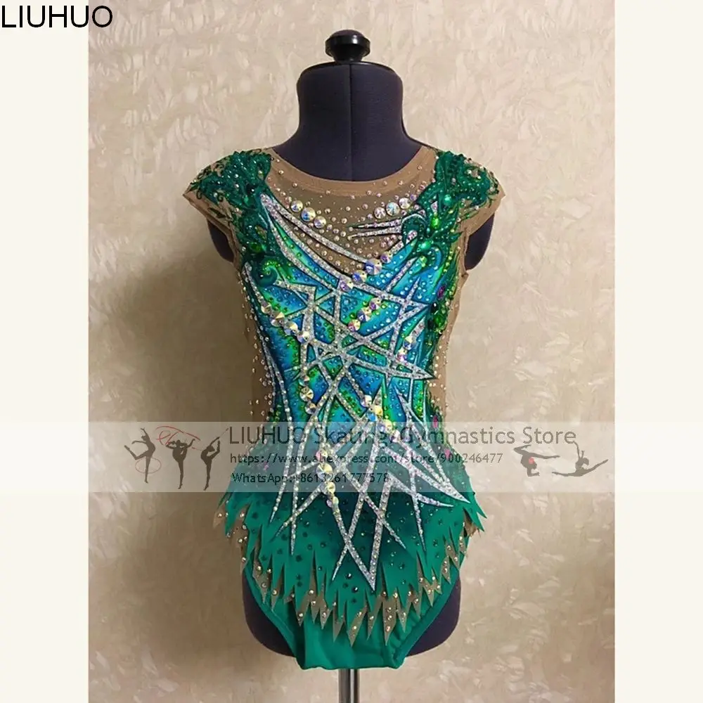 LIUHUO Rhythmic Gymnastics Leotards Women Green Spandex Rhinestones Competition Rhythmic Costumes Ice Skating