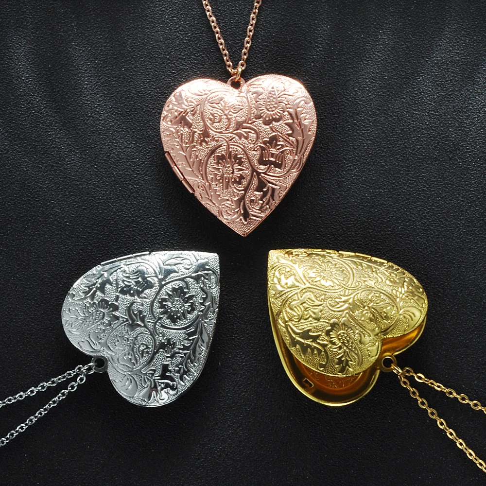 2Pcs/lot Big Heart Photo Frame Locket Box Copper Gold Color Steel Color Tone Necklace For Man Woman Vintage Jewelry Necklace