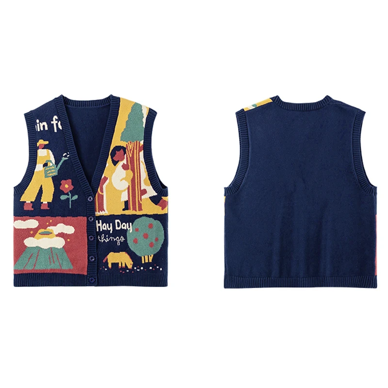 Women Buttons Vest 2023 Fashion Knitted Cartoon Jacquard Sweater Loose Vintage Waistcoat Chic Oversize Tops Girls Clothes Outfit