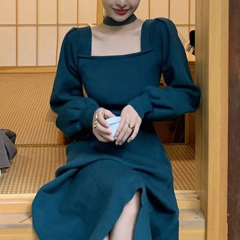 

Winter Vintage Dress Women 2020 Long Sleeve Elegant Office Knit Dress Female Square Collar Retro Sweater One Piece Dress Korean