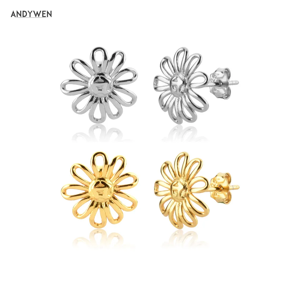 

ANDYWEN 925 Sterling Silver Gold Flower Stud Earring Women Small Ting Luxury Jewelry Gift Party Rock Punk Jewels Piercing