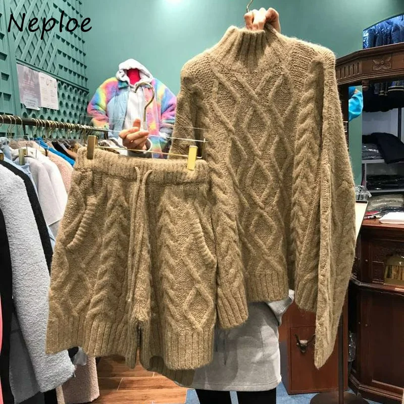 Neploe Casual Sweater Short Suits Women Turtleneck Long Sleeve Tops + Solid Color Knitted Casual Shorts Woman Two-piece Suit