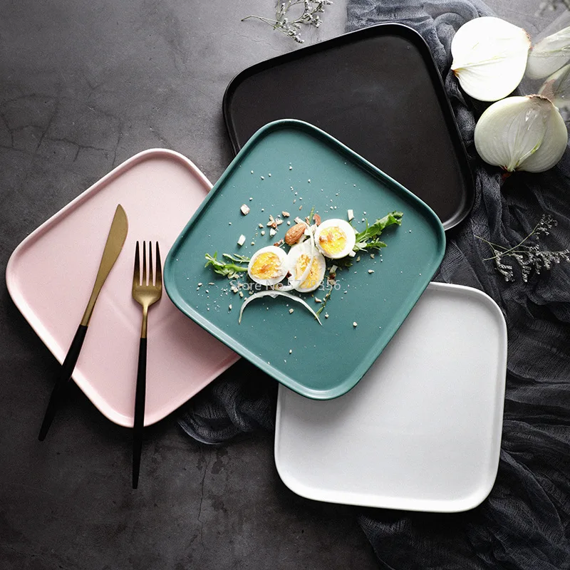 

8-inch European-style Simple Square Plate Ceramic Tableware Household Matte Color Glaze Flat Plate Steak Plate Dinner Plate