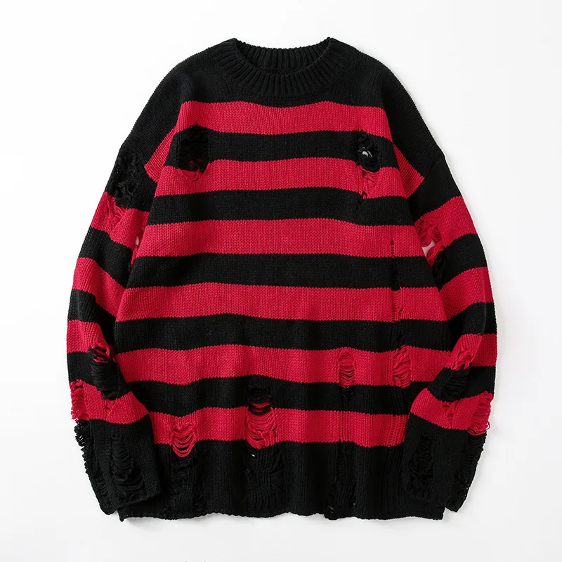 Ripped Sweater Women Striped Knitted Streetwear Washed Pullover Casual Green Sweater Couples Jumper Loose Long Sleeve Sweater