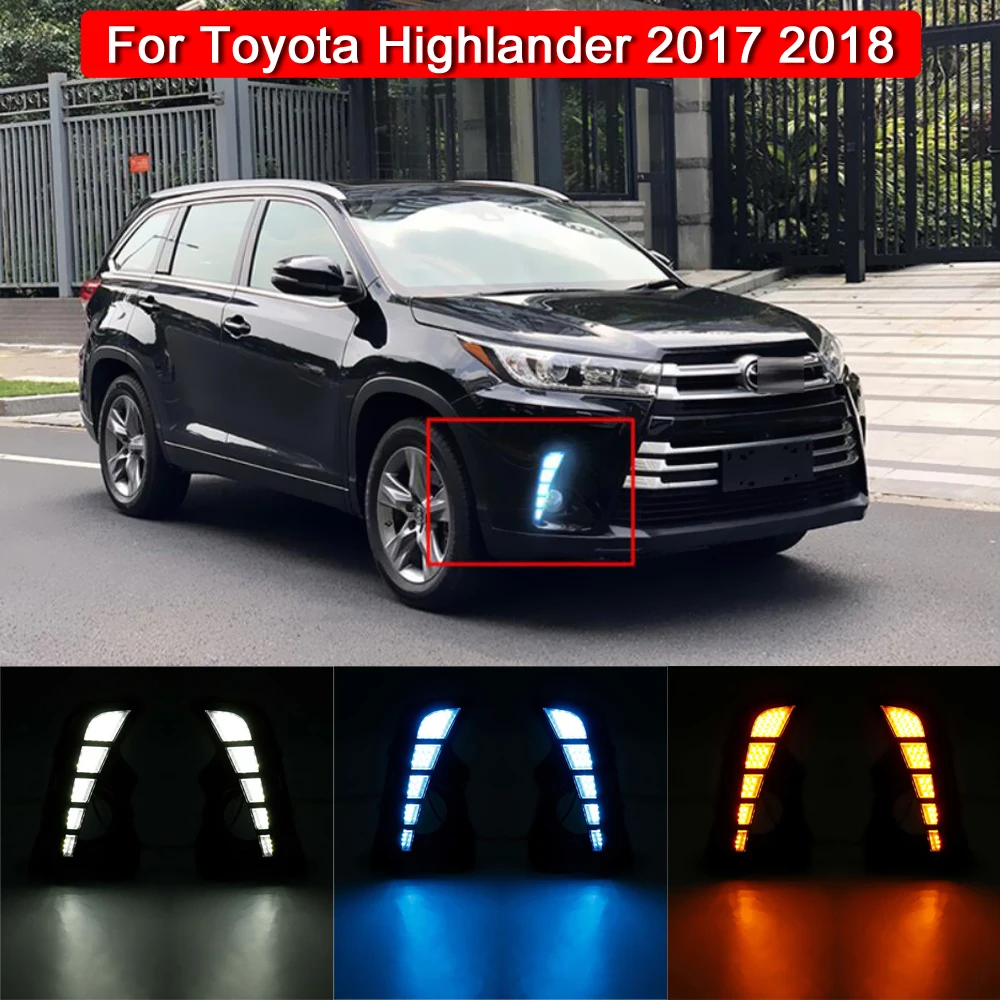 

Front Bumper LED DRL Daytime Lamp Blue Night Light Dynamic Amber Turn Signal Lights For Toyota Highlander 2017 2018