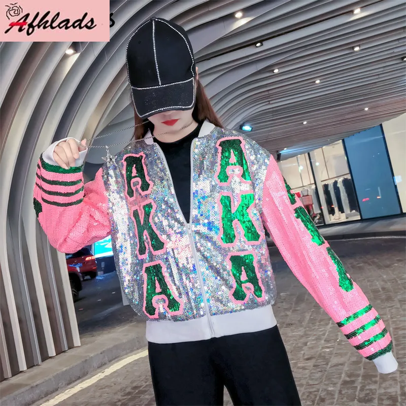 2023 Spring And Autumn Letter Print Jacket Women Hip Hop Party Coat Letters Long Sleeve Sequins Patchwork Women Jacket Outerwear