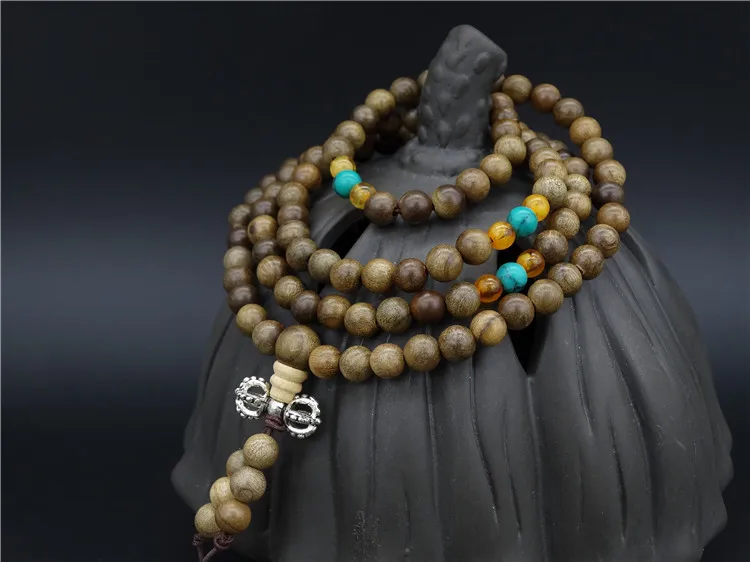 6mm Tibet Buddhism 108 Old Silk Nanmu Wood Prayer Bead Mala Necklace