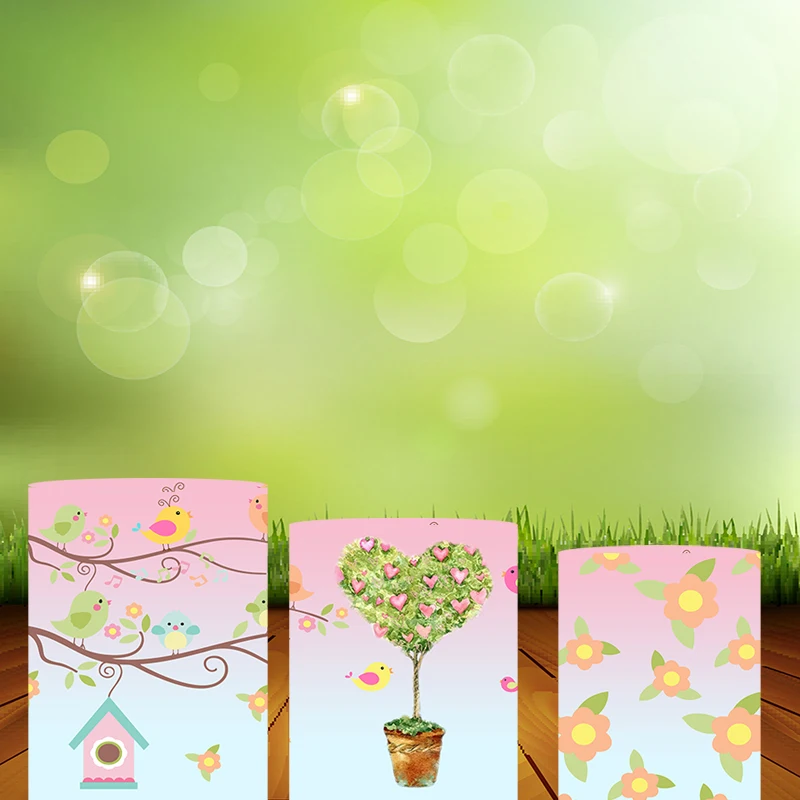 ฤดูใบไม้ผลิสีชมพูสวนดอกไม้วงกลมฉากหลัง Baby Shower Birthday Party Decora Candy ตารางกระบอกฝาครอบนกรอบพื้นหลัง