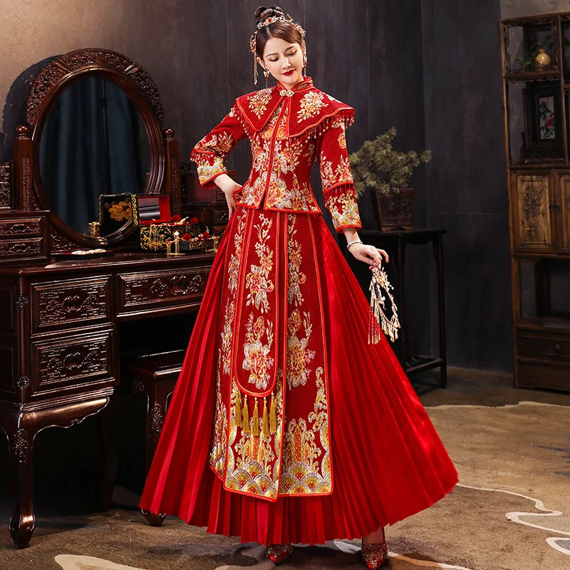 Modern Improved Chinese Traditional Couple Wedding Dress Embroidery Long  Cheongsam Stylish Elegant Bride   - AliExpress 200000532