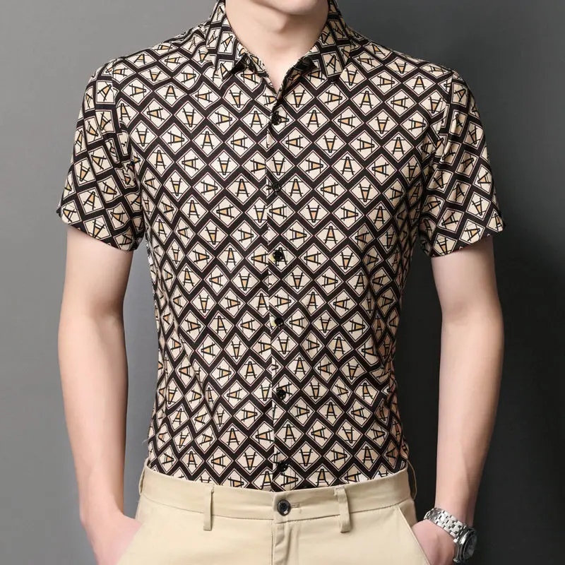 Spring and summer men's short-sleeved shirt printed floral trendy casual large size wide shirt