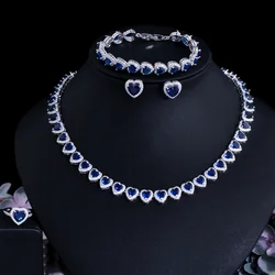 CWWZircons 4pcs Luxury African Cubic Zirconia Royal Blue Heart Shape Bridal Wedding Jewelry Sets for Women Party Collection T580