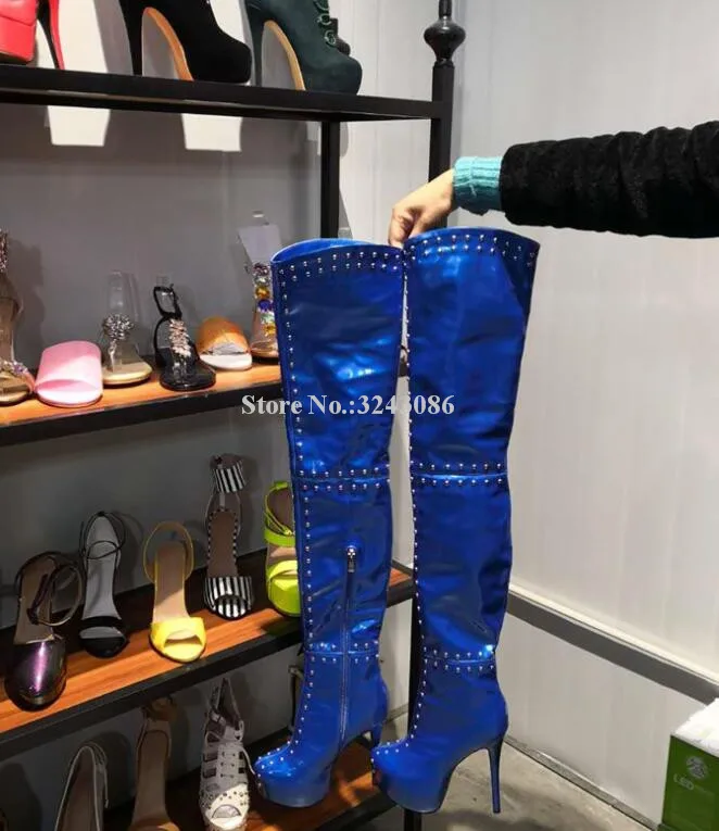 Women Blue Patent Leather Rivets Thigh High Boots Fashion Platform Stiletto Heel Studs Over the Knee Long Boots Lady Real Photos