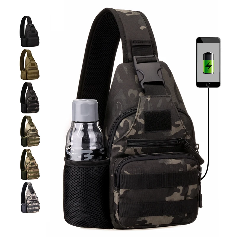 Tactical Chest Bags, Outdoor Sports Bag, Travel, Hiking, Trekking, Cycling, Climbing, Shoulder Bags, USB Charge, Anti Theft