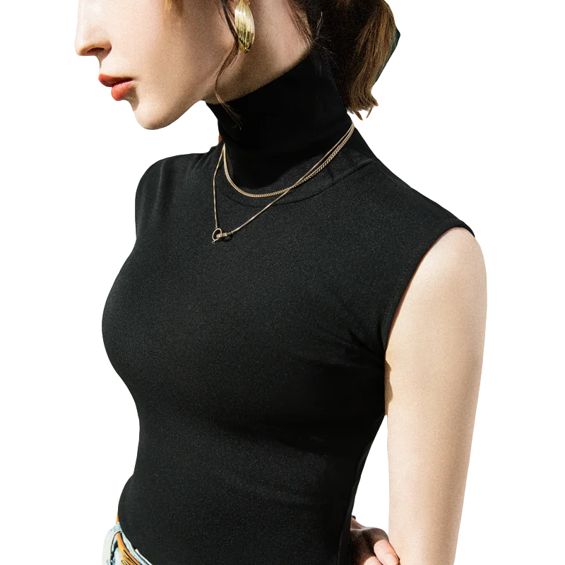 Women Slim Turtleneck Basic Tank Tops Female Mesh Camis Sleeveless Black T shirts Pullovers For Spring Autumn