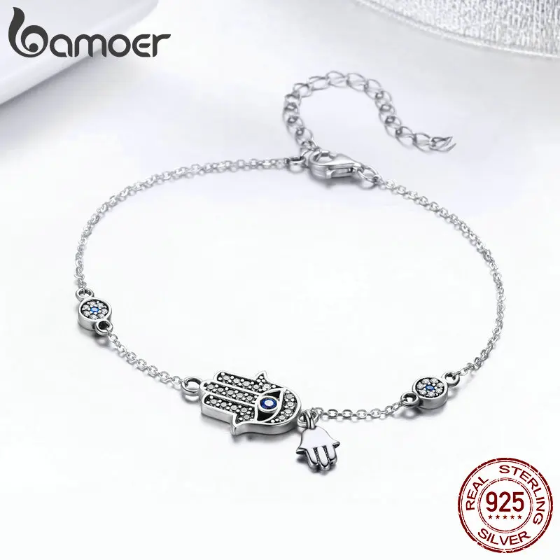 BAMOER 925 Sterling Silver Fatima Hand Lucky Chain Link Bracelet Blue Evil Eye Lobster Clasp Adjustable Hamsa Chain Bracelet