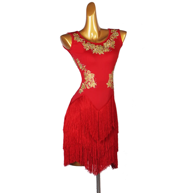 Robe de danse latine pour femmes, élégante, rouge, jupe à franges épaisses, Costumes de concours de salle de bal sur scène