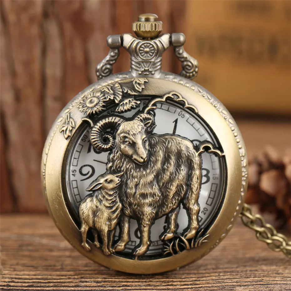 

Chinese Zodiac Sheep Design Antique Quartz Pocket Watch Half Hunter Pendant Necklace Clock Fob Chain