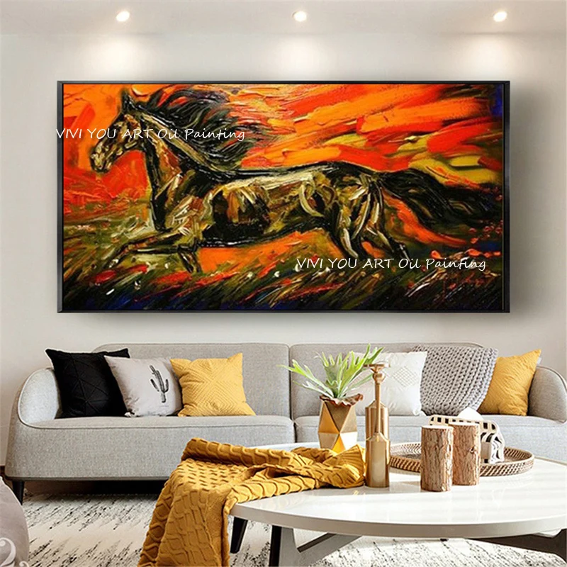 The Hot Handmade Running Horse Animal Modern Abstract Oil Paintings On Canvas Mural Knife Painting Wall Art Home Color Decor