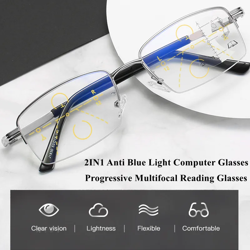 Inner Progressive Multifocal Reading Glasses Men Women Metal Half Frame Anti Blue Ray Presbyopic Glasses Near and Far Eyeglasses