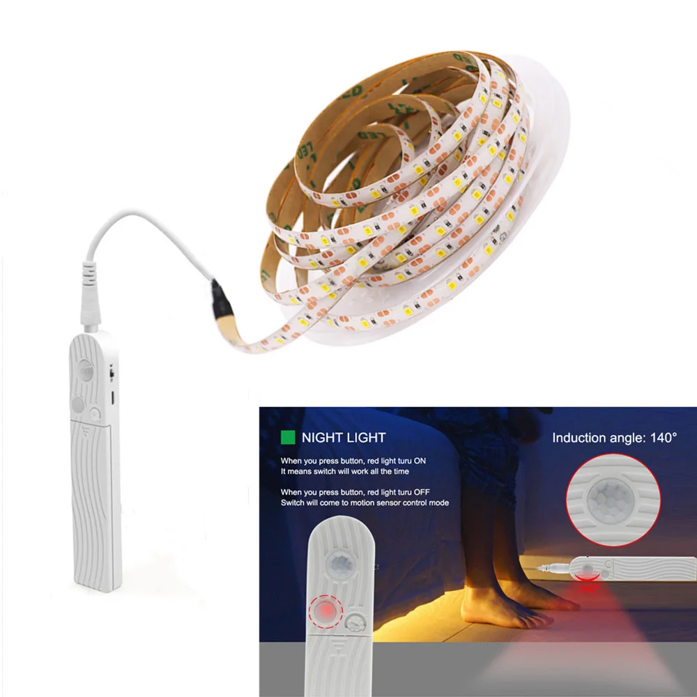 PIR Motion Sensor LED Strip 5V 2835 60LEDs/m Battery Powered Flexible LED Tape Ribbon Under Cabinet Lamp For The Kitchen