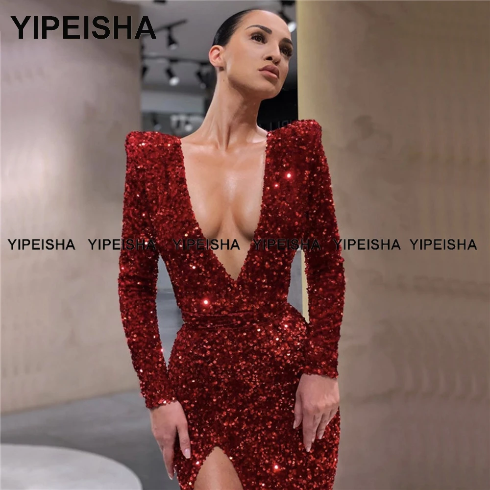 Yipeisha Strapless Sequined 댄스 파티 드레스 Sweep Train Glitter Pageant Dress 섹시한 긴 인어 저녁 파티 가운 플러스 사이즈