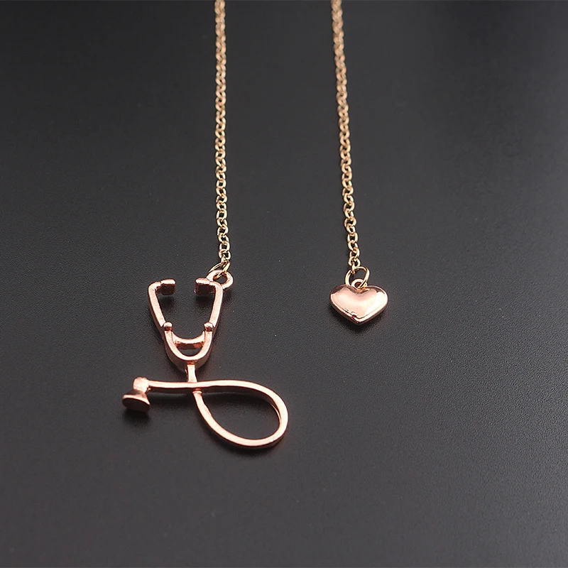 SUMENG 2024 New Fashion Stethoscope Necklace Lariat Heart Pendant Rose Gold  Black Color Nurse Medical  Collares