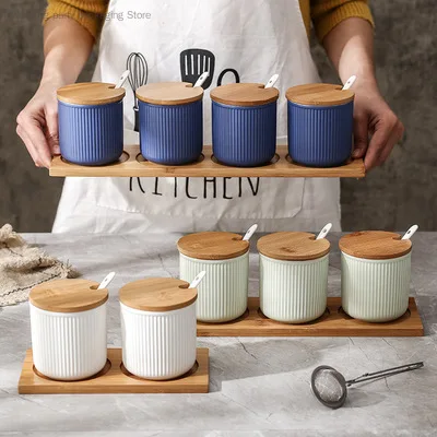 

Nordic style ceramic color glaze seasoning box seasoning pot set household kitchen seasoning pot pepper salt sugar bowl