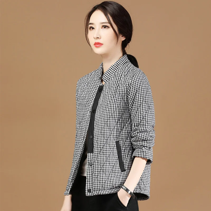 

2021 New High Quality Plaid Stand-up Collar Spring Coats Winter Short Cotton Padded Jacket Korean Women Parka Female Outwear