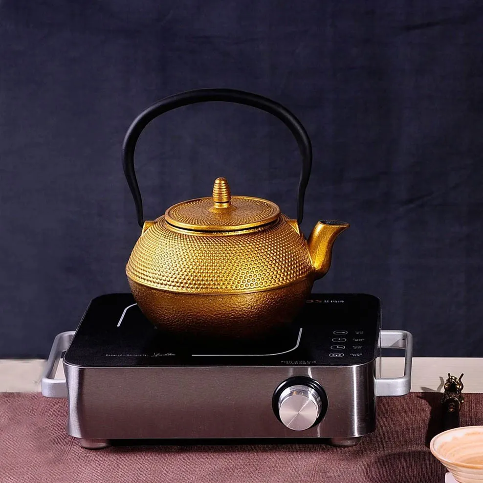 Golden Raindrop Cast Iron Teapot, Japanese style Health boiling tea pot, Large Capacity Boiling Kettle, Handle tea kettle, 1.2L