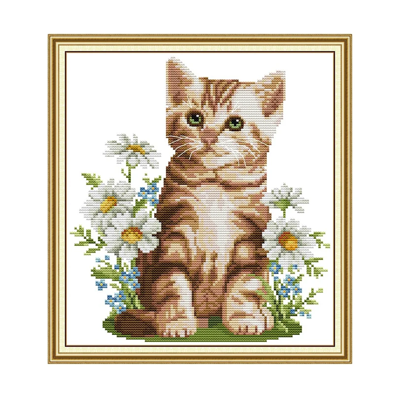 Cat and Flowers cross stitch kit aida 14ct 11ct count print canvas cross stitches   needlework embroidery DIY handmade